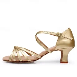 Women's Gold Satin Strappy Dance Shoes, Open-Toe Ballroom Shoes for Latin and Salsa Dance Performances