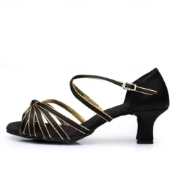 Women's Gold Satin Strappy Dance Shoes, Open-Toe Ballroom Shoes for Latin and Salsa Dance Performances