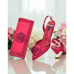 Women's Gold Slingback Heels and Matching Clutch Set - Satin Pointed Toe Shoes and Rhinestones for Formal Events and Elegant Parties