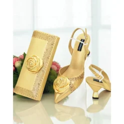 Women's Gold Slingback Heels and Matching Clutch Set - Satin Pointed Toe Shoes and Rhinestones for Formal Events and Elegant Parties