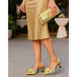 Women's Gold Slingback Heels and Matching Clutch Set - Satin Pointed Toe Shoes and Rhinestones for Formal Events and Elegant Parties