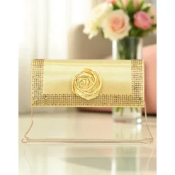 Women's Gold Slingback Heels and Matching Clutch Set - Satin Pointed Toe Shoes and Rhinestones for Formal Events and Elegant Parties