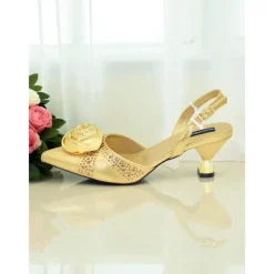 Women's Gold Slingback Heels and Matching Clutch Set - Satin Pointed Toe Shoes and Rhinestones for Formal Events and Elegant Parties