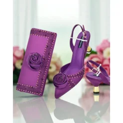 Women's Gold Slingback Heels and Matching Clutch Set - Satin Pointed Toe Shoes and Rhinestones for Formal Events and Elegant Parties