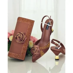 Women's Gold Slingback Heels and Matching Clutch Set - Satin Pointed Toe Shoes and Rhinestones for Formal Events and Elegant Parties