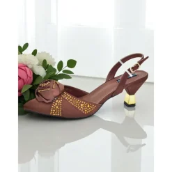 Women's Gold Slingback Heels and Matching Clutch Set - Satin Pointed Toe Shoes and Rhinestones for Formal Events and Elegant Parties