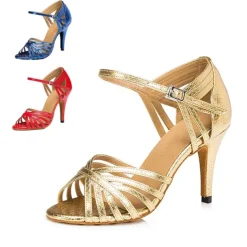 Women's Gold Strappy Latin Dance Shoes – Open-Toe High Heel Cuban Heel Sandals for Ballroom, Salsa, and Party Events