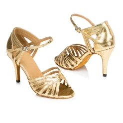 Women's Gold Strappy Latin Dance Shoes – Open-Toe High Heel Cuban Heel Sandals for Ballroom, Salsa, and Party Events