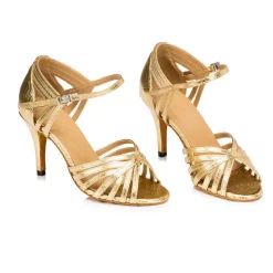 Women's Gold Strappy Latin Dance Shoes – Open-Toe High Heel Cuban Heel Sandals for Ballroom, Salsa, and Party Events