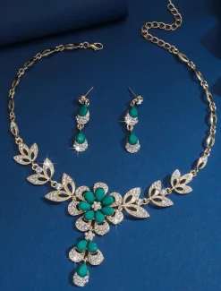Women's Gold-Plated Blue Crystal Necklace and Earrings Set with Floral Design - Elegant Party Jewelry for Formal Events and Evening Celebrations