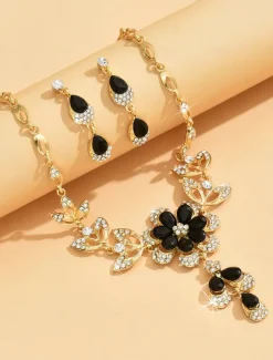 Women's Gold-Plated Blue Crystal Necklace and Earrings Set with Floral Design - Elegant Party Jewelry for Formal Events and Evening Celebrations