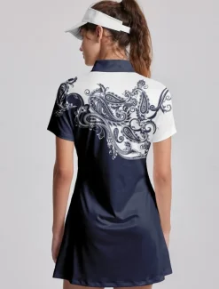 Women's Golf Dress Black Short Sleeve Sun Protection Dress Paisley Ladies Golf Attire Clothes Outfits Wear Apparel
