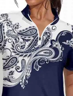 Women's Golf Dress Black Short Sleeve Sun Protection Dress Paisley Ladies Golf Attire Clothes Outfits Wear Apparel