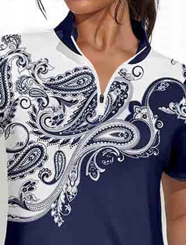 Women's Golf Dress Black Short Sleeve Sun Protection Dress Paisley Ladies Golf Attire Clothes Outfits Wear Apparel