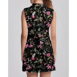 Women's Golf Dress Black Sleeveless Floral Ladies Golf Attire Clothes Outfits Wear Apparel