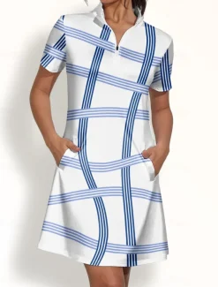 Women's Golf Dress Blue Short Sleeve Sun Protection Dress Ladies Golf Attire Clothes Outfits Wear Apparel