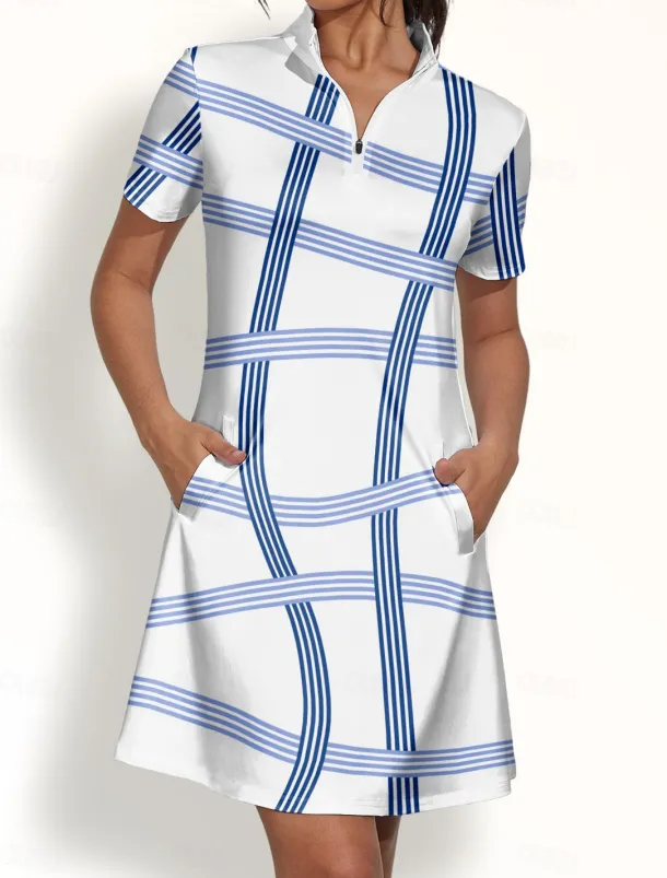 Women's Golf Dress Blue Short Sleeve Sun Protection Dress Ladies Golf Attire Clothes Outfits Wear Apparel