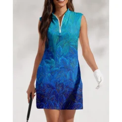 Women's Golf Dress Blue Sleeveless Ladies Golf Attire Clothes Outfits Wear Apparel