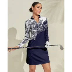 Women's Golf Dress Dark Blue Long Sleeve Ladies Golf Attire Clothes Outfits Wear Apparel