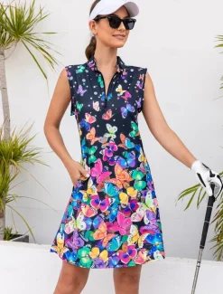 Women's Golf Dress Navy Blue Sleeveless Sun Protection Tennis Outfit Butterfly Ladies Golf Attire Clothes Outfits Wear Apparel