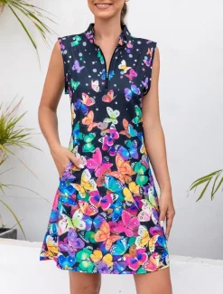 Women's Golf Dress Navy Blue Sleeveless Sun Protection Tennis Outfit Butterfly Ladies Golf Attire Clothes Outfits Wear Apparel