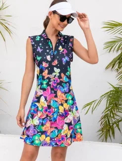 Women's Golf Dress Navy Blue Sleeveless Sun Protection Tennis Outfit Butterfly Ladies Golf Attire Clothes Outfits Wear Apparel