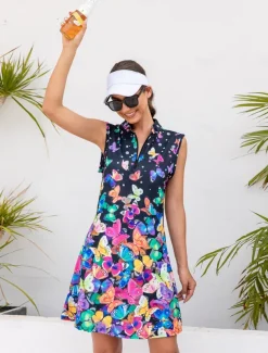 Women's Golf Dress Navy Blue Sleeveless Sun Protection Tennis Outfit Butterfly Ladies Golf Attire Clothes Outfits Wear Apparel