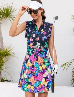 Women's Golf Dress Navy Blue Sleeveless Sun Protection Tennis Outfit Butterfly Ladies Golf Attire Clothes Outfits Wear Apparel