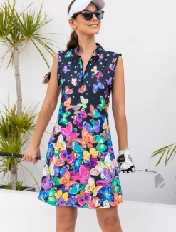 Women's Golf Dress Navy Blue Sleeveless Sun Protection Tennis Outfit Butterfly Ladies Golf Attire Clothes Outfits Wear Apparel