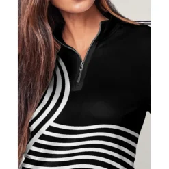 Women's Golf Polo Shirt Black Long Sleeve Top Stripe Ladies Golf Attire Clothes Outfits Wear Apparel