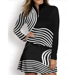Women's Golf Polo Shirt Black Long Sleeve Top Stripe Ladies Golf Attire Clothes Outfits Wear Apparel