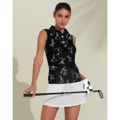 Women's Golf Polo Shirt Black White Sleeveless Top Cartoon Ladies Golf Attire Clothes Outfits Wear Apparel