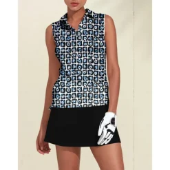 Women's Golf Polo Shirt Black Sleeveless Top Floral Ladies Golf Attire Clothes Outfits Wear Apparel