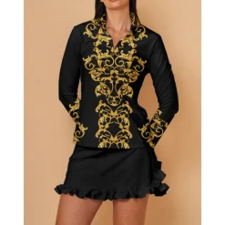 Women's Golf Polo Shirt Black Long Sleeve Top Ladies Golf Attire Clothes Outfits Wear Apparel