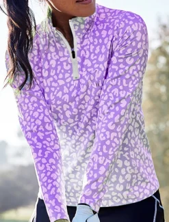 Women's Golf Polo Shirt Black Blue Light Purple Long Sleeve Sun Protection Top Leopard Fall Winter Ladies Golf Attire Clothes Outfits Wear Apparel