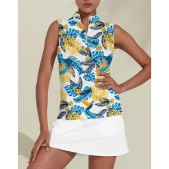 Women's Golf Polo Shirt Blue Sleeveless Top Leaf Ladies Golf Attire Clothes Outfits Wear Apparel