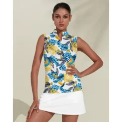 Women's Golf Polo Shirt Blue Sleeveless Top Leaf Ladies Golf Attire Clothes Outfits Wear Apparel