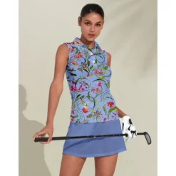 Women's Golf Polo Shirt Blue Sleeveless Top Floral Ladies Golf Attire Clothes Outfits Wear Apparel