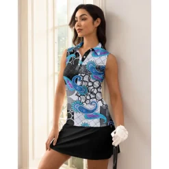 Women's Golf Polo Shirt Blue Grey Sleeveless Top Paisley Ladies Golf Attire Clothes Outfits Wear Apparel
