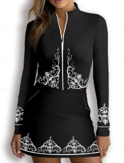 Women's Golf Polo Shirt Black Khaki Long Sleeve Sun Protection Top Fall Winter Ladies Golf Attire Clothes Outfits Wear Apparel