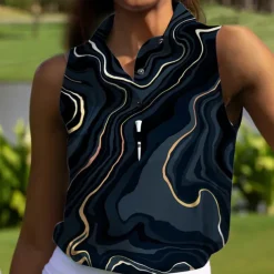 Women's Golf Polo Shirt Dark Navy Sleeveless Sun Protection Top Ladies Golf Attire Clothes Outfits Wear Apparel