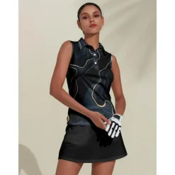 Women's Golf Polo Shirt Dark Navy Sleeveless Sun Protection Top Ladies Golf Attire Clothes Outfits Wear Apparel