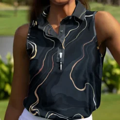 Women's Golf Polo Shirt Dark Navy Sleeveless Sun Protection Top Ladies Golf Attire Clothes Outfits Wear Apparel