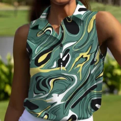 Women's Golf Polo Shirt Dark Navy Sleeveless Sun Protection Top Ladies Golf Attire Clothes Outfits Wear Apparel
