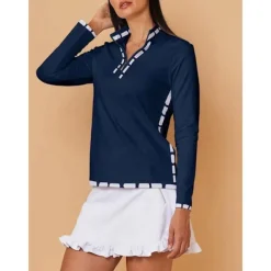 Women's Golf Polo Shirt Dark Blue Long Sleeve Top Ladies Golf Attire Clothes Outfits Wear Apparel