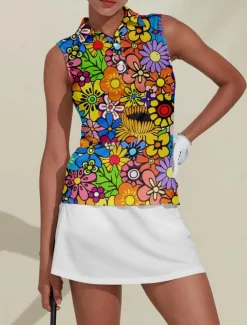 Women's Golf Polo Shirt Golf Clothes Lake blue Violet Orange Sleeveless Sun Protection Lightweight T Shirt Top Floral Ladies Golf Attire Clothes Outfits Wear Apparel