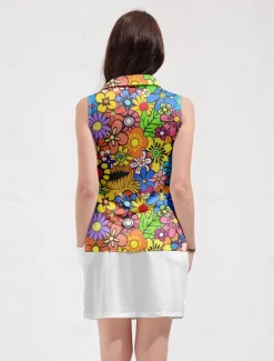 Women's Golf Polo Shirt Golf Clothes Lake blue Violet Orange Sleeveless Sun Protection Lightweight T Shirt Top Floral Ladies Golf Attire Clothes Outfits Wear Apparel