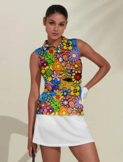 Women's Golf Polo Shirt Golf Clothes Lake blue Violet Orange Sleeveless Sun Protection Lightweight T Shirt Top Floral Ladies Golf Attire Clothes Outfits Wear Apparel
