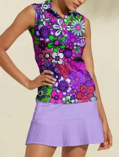 Women's Golf Polo Shirt Golf Clothes Lake blue Violet Orange Sleeveless Sun Protection Lightweight T Shirt Top Floral Ladies Golf Attire Clothes Outfits Wear Apparel