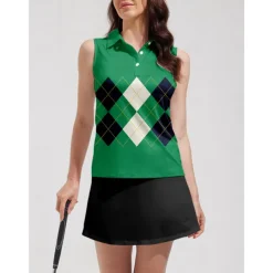 Women's Golf Polo Shirt Green Sleeveless Top Plaid Ladies Golf Attire Clothes Outfits Wear Apparel